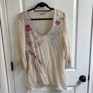 Johnny Was Cream Pink Embellished 3/4 Sleeve Blouse